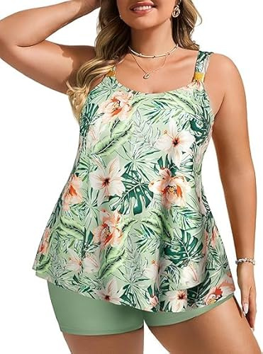 Hanna Nikole Traje de baño alto Tankini de talla grande para mujer, traje de baño de dos piezas, tankini fluido, parte superior con pantalones cortos, Flores de color verde claro/rosa, 58 Grande