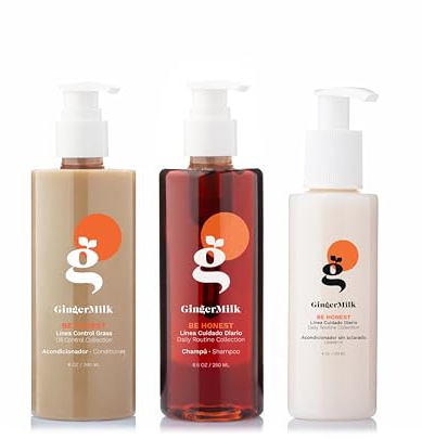 Ginger Milk Rutina Capilar Cabello Graso y Mixto – Champú + Acondicionador + Leave-In con Jengibre y Pro Vitamina B5 Limpieza Profunda, Brillo y Equilibrio - Pack de 3 Productos | Kit Be Honest