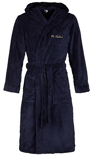Di Vadini Unisex Herren Damen Bademantel Florenz mit Kapuze I Morgenmantel flauschig I Nachtwäsche aus edler Mikrofaser Farbe: Navy-Gold Gr. XS