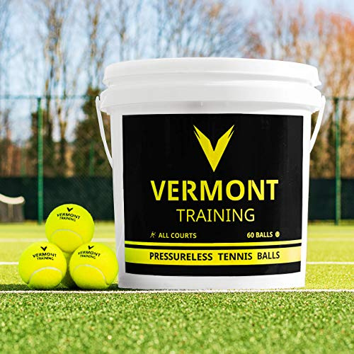 Vermont Balles d’Entraînement de Tennis | Utilisation sur Tous Terrains | Lot de 60 en Recharge ou Seau avec Couvercle