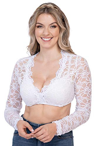 Schöneberger Trachten Couture Dirndl-blus av spets vit – elegant långärmad stretch-dirndl blus partiell transparent Vroni, Vit, 34
