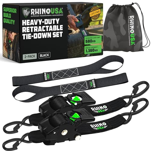 Rhino USA Retractable Ratchet Straps (2-Pack) - 2 Inch x 10 Feet (3,033lb Break Strength) - Heavy Duty Auto Self Retracting Tie Down Straps for Truck, Cargo Trailer, Motorcycle, Rad & More - Black