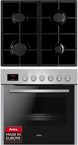 Amica Juego de cocina empotrable de 65 litros con sistema de anillo de aire caliente, placa de gas, cuatro zonas de cocción, soporte de hierro fundido SteamClean EasyClean SoftClose SensorControl 1