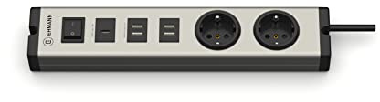 EHMANN 0601x0g02203301 Multilader Steckdosenleiste, Aluminium, 2-Fach + 1x USB-C 18W + 4X USB-A, 1,5 m Zuleitung