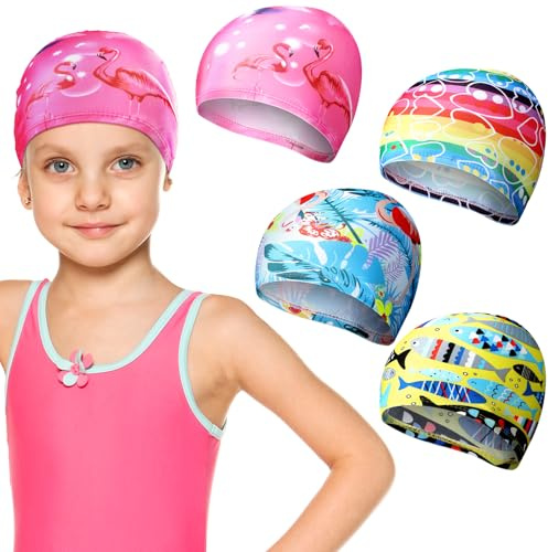 Geyoga 4 Pieces Kids Swim Caps for Boys Girls Age 2-10 Toddler Swimming Hat Nylon Breathable Elastic Children Pool Cap Bathing Cap for Kids Boys Girls(Pink, Yellow,Cute Style)