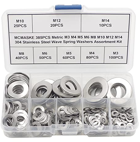 MCMASKE 385PCS Metric M3 M4 M5 M6 M8 M10 M12 M14 304 Stainless Steel Wave Spring Washers Assortment Kit