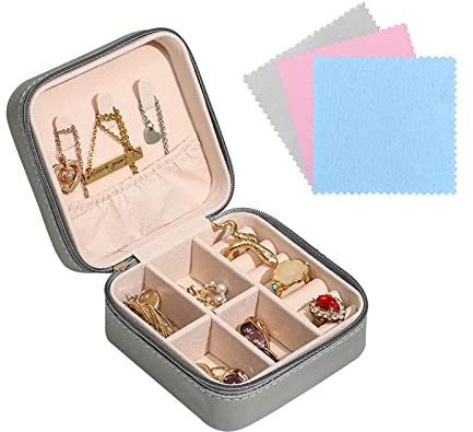 FuninCrea Jewellery Box Organiser for Women, Mini PU Leather Travel Jewelry Storage Case with 3pcs Silver Cloth for Rings Earrings Necklace, Portable Jewelry Case for Girl, Wife, Mother (grey)