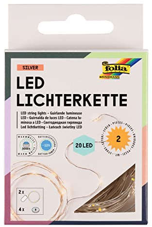 folia 9862X Catena Luminosa Micro-LED con 20 LED Ciascuno in Bianco Caldo, Lunghezza Circa 2,20 M Illuminazione LED in Filo d'Argento, incl. 4 Batterie