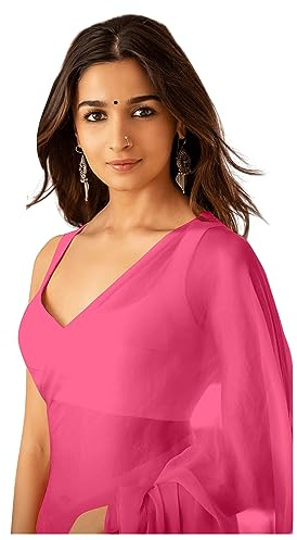 Sidhidata Sari uni en georgette pur avec chemisier non cousu (Rocky Aur Rani Ki Prem Kahani Alia Bhatt Saree), Rose layette, taille unique