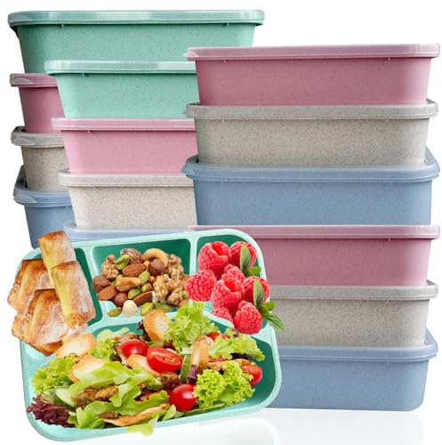 15 PCS Bento Box, 4 Compartment Bento Box Adult Set, Wheat Straw Bento Lunch Box, Reusable Lunch Snack Box, Microwave, Dishwasher and Freezer Safe Meal Prep Containers for Work, School and Travel