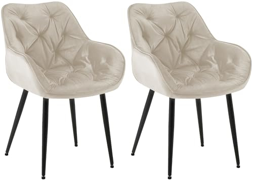 CLP 2er Set Stuhl Tanna Samt I Esszimmerstuhl Mit Armlehne I Gesteppter Polsterstuhl, Farbe:Creme