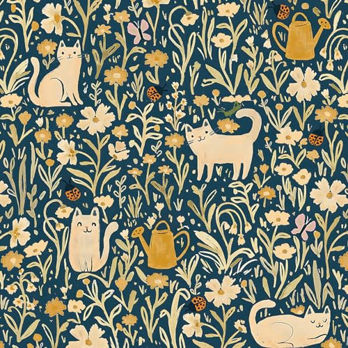 CiCiwind Peel and Stick Wallpaper Blue Floral Contact Paper 41x300cm Self Adhesive Vinyl Wrap Waterproof Sticky Back Plastic Blue Yellow Floral Cats Stick on Wallpaper for Walls Cabinets Decor