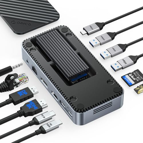 ORICO Hub C 11 in 1 con alloggiamento SSD M.2, docking station con ventilatore, HDMI, DP, Gigabit Ethernet, PD, SD/TF, audio/microfono, 10 Gbps e 2x5 Gbps