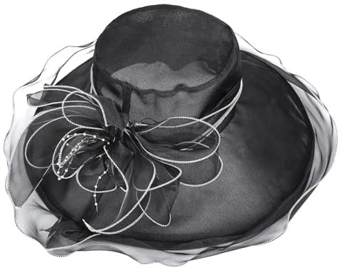 Gungtj Glockenhut aus Organza, breite Krempe, Organza-Hüte, elegante und modische Blumen-Brautparty, Organza-Blumenmuster, perfekte Verwendung für Partys, modisches Outfit, Schwarz, Schwarz