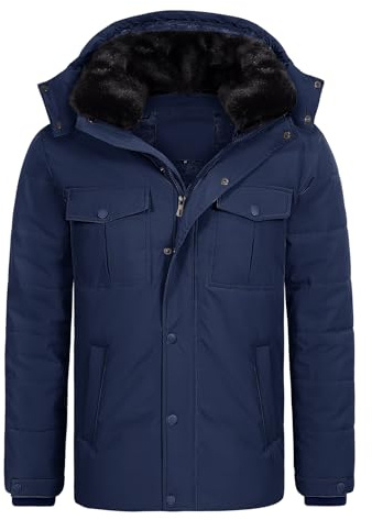 Tuopuda Uomo Giacca Invernale con Cappuccio, Giubbotto in Pile Casual Parka Cappotto Termico Imbottito Giacche con Cerniera e Tasche Giubbino Primavera Autunno, Marina, M