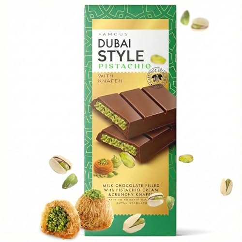 Dubai Style Schokolade (XL) mit Pistazie & Kunafeh Engelshaar Kadaif - Nach Leckeren Rezeptur! Virale TikTok Hype Schokolade - EXTREM Schneller Versand (100g, Milchschokolade)