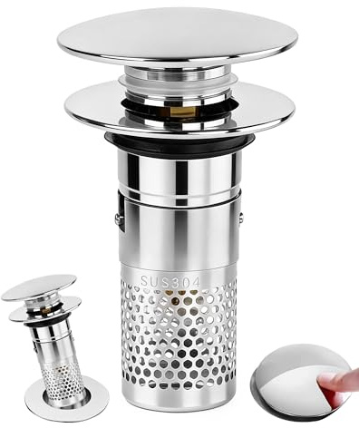 Acual Tappo Lavandino Bagno, Piletta Lavabo Bagno Universale Pop Up, Tappo Bidet, Filtro di Scarico Piletta Click Clack in Acciaio Inox 304 con Guarnizioni, per Lavandino Bagno e Cucina (32-40mm)