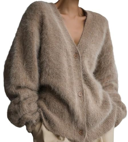 Women's Autumn Cashmere Pullover - Fluffy Cardigan Wool Cardigans with Buttons Plush Open Front Knitted Plain Soft Short Cardigans for Women, #04 Khaki., 3XL