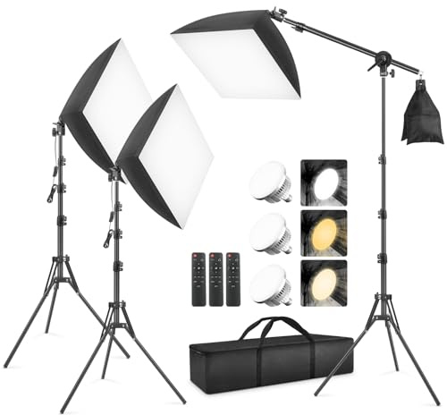 Softbox Lighting Kit 3 Pack, Foccalli 85W Rotatable Soft Box Continuous Lighting with Dimmable 2700-6400K LED Light Bulb, Photo Studio Lights for Shooting Video Portraits(40cm)