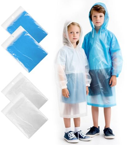 JuanYi 4 Pack Disposable Rain Ponchos, Waterproof Ponchos for Adults/Kids, 50% Thicker Emergency Ponchos with Hood