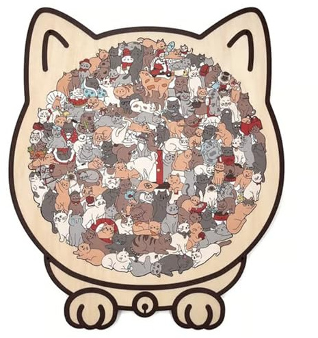 AMZLORD 135-bitars färgat kattpussel, oregelbundet format träkattpussel för heminredning, kreativt kattpussel med skuggram för barn, vuxna, kattälskare