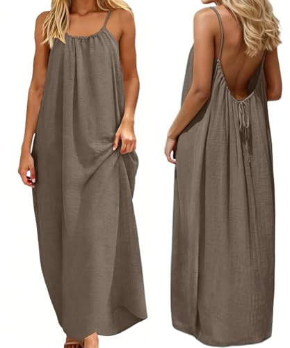 ABINGOO Vestito Estivo Donna Lungo Abito Casual Tinta Unita Senza Maniche Loose Maxi Abiti Senza Schienale con Cordino(Marrone,L)