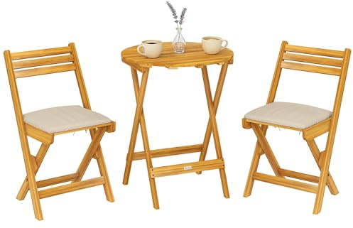 Outsunny Set da Bistrò da 3 Pezzi Pieghevole in Legno di Acacia, Set da Giardino con 2 Sedie, Tavolino, 2 Cuscini, Schienale a Doghe, Set di Mobili da Giardino per Patio Balcone Terrazzo, Color Legno