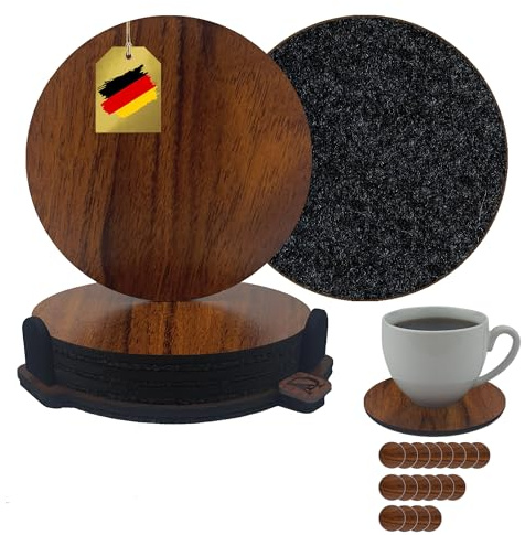 AlemsDesign dubbelsidiga glasunderlägg i trä och filt, set om 4 med hållare, rund 10 cm, brun trälook, mörkgrå filt — 2-i-1-glasunderlägg, set med underlägg för drycker