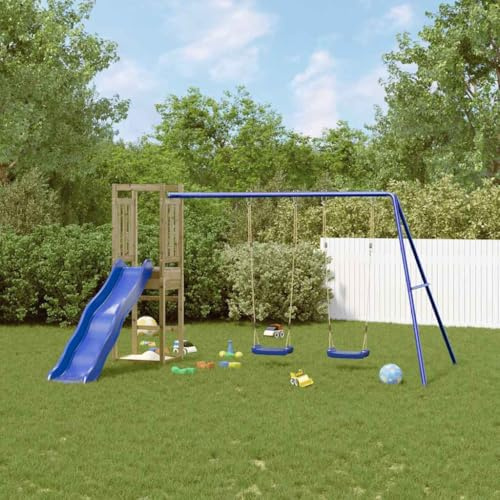 Kaloriko Tour de jeu en pin imprégné sous pression avec toboggan ondulé, double balançoire et bac à sable, cadre d'escalade robuste pour enfants, maison de jeu d'extérieur pour jardin et cour
