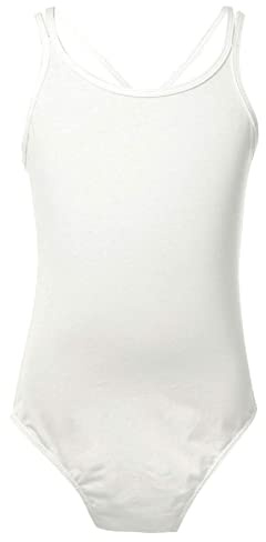 FEESHOW Mädchen Ballett Trikot Body ärmelloses Leotard Overall mit Kreuzgurt Kinder Gymnastikanzug Tanzkostüm Gr.98-164 Weiß 140-152