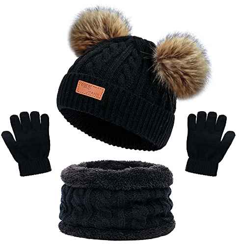 beifon Wintermütze Schal Handschuhe Mädchen Set Kindermütze Strickmütze Mütze Schal Set Mädchen Jungen Warme Winter Beanie Hut Handschuhe für Kinder 3-8 Jahre