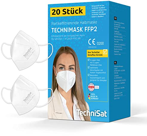 TechniSat TECHNIMASK FFP2 Maske – 20 Stück Atemschutzmaske (5-lagig mit 3x Meltblown-Vlies, Masken 100% Made in Germany) Farbe: Weiß