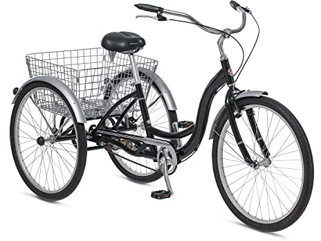 Schwinn Meridian Adult Tricycle Bike, Mens and Womens Three Wheel Beach Cruiser, 26-Inch Wheels, Low Step-Through Frame, Wide Seat, Rear Folding Basket, Single-Speed, Black