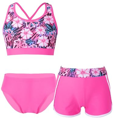 Freebily Flicka Baddräkt 3 Delar Strandtankini Crop Top Shorts Badbyxor + Trosor Strandbikini Trikini Baddräkt, Rosenröd, 9-10 �r