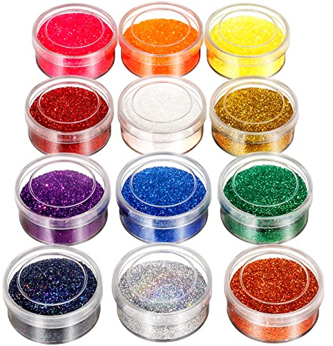 12 Pots FANDAMEI Rainbow Fine Face and Body Glitter for Tattoos, Crafting, Resin Arts, Makeup, Paint - Blue & Red for Hair, Eye, Arm