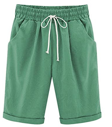 oglccg Half Pants Plus Size Knee Length Cotton Linen Shorts with Pockets Summer Solid Beach Vacation Shorts Straight Leg Trousers Drawstring Elastic Waist Bermuda Shorts Work Shorts, #08 Green