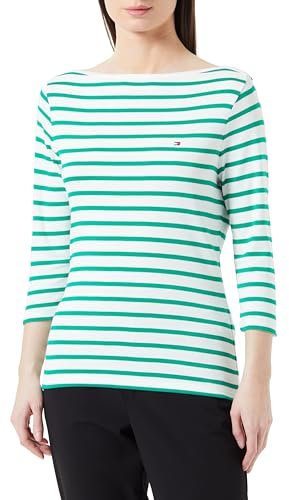 Tommy Hilfiger Damen Langarmshirt Slim U-Boot-Ausschnitt, Mehrfarbig (Breton Ecru/Olympic Green), S