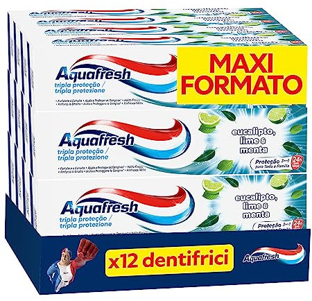 Aquafresh Dentifricio Tripla Protezione per tutta la Famiglia, Gengive Sane, Smalto Forte, Alito Fresco, Gusto Eucalipto Lime e Menta, Pacco da 12 x 75ml