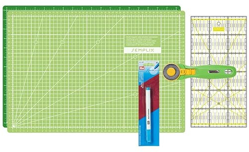 SEMPLIX Skärmatta set – skärmatta 45 x 30 cm (A3) maxi rullkniv lappverk linjal + PRYM vattenmarkör (ljusgrön/grön)