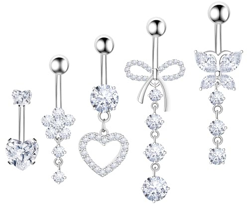 BSJ4U Belly Button Ring - Dangle Navel Piercing Jewelry with Cute Clear CZ Heart, Butterfly, Bow, Flower Designs - 14G Silver Stainless Steel Dainty Dangly Belly Ring