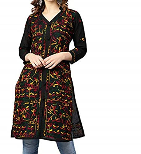 Ladies Floral Embroidered Dress Lucknowi Chikankari Kurta Women's Cotton Kurti UK Summer Top for Girls (UK, Alpha, L, Regular, Regular, Black Multi)