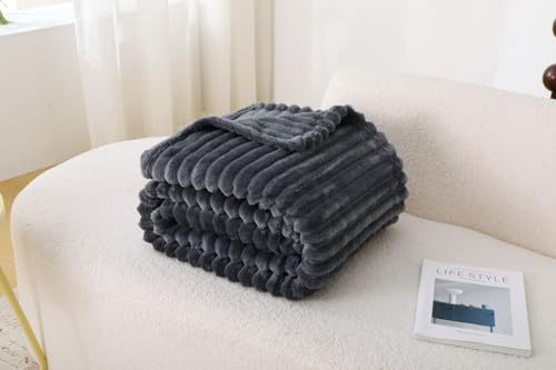 Slumber Nights Throws Ribbed Fleece Blanket Faux Fur Large Size 200x240 cm For Bed Sofa Soft Warm (Charcoal, King)