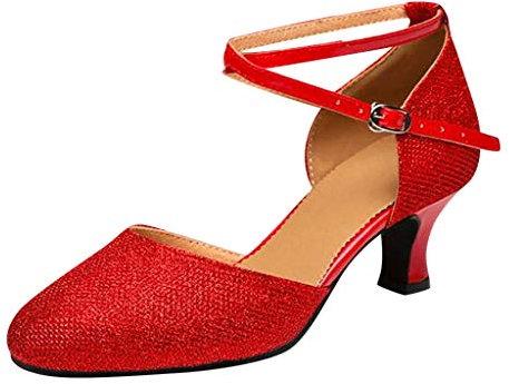 OBiQuzz Pumps Women's High Heels Heel Shoes Glitter Block Dress Strappy Mary Janes Closed Wedding Lace Toe Cap Stiletto Shoes, red, 8.5 UK