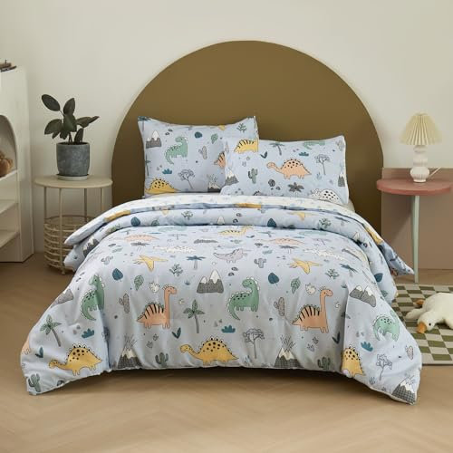 Luofanfei Dino Kinderbettwäsche 135x200 Dinosaurier Jungen Mädchen Kinder Cartoon Dinos Motiv Bettwäsche Set Microfaser Wendebettwäsche mit Reißverschluss und kopfkissenbezug 80x80