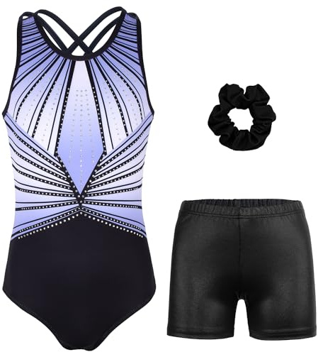MODAFANS Gymnastics Leotards for Girls with Shorts Sparkly Ballet Dance Set Cross Back Activewear 8-9Years,Bluish-black Diamond