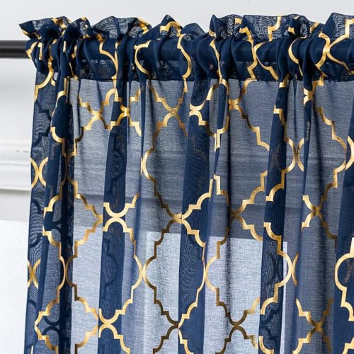 Navy and Gold Curtains 90 Drop Geometirc Tile Foil Printed Net Curtains for Living Room Patio door 90 inch Drop Curtains for Boys Bedroom 52 x 90 Inch(132cm Width x 229cm Drop)Navy Blue 1 Pair