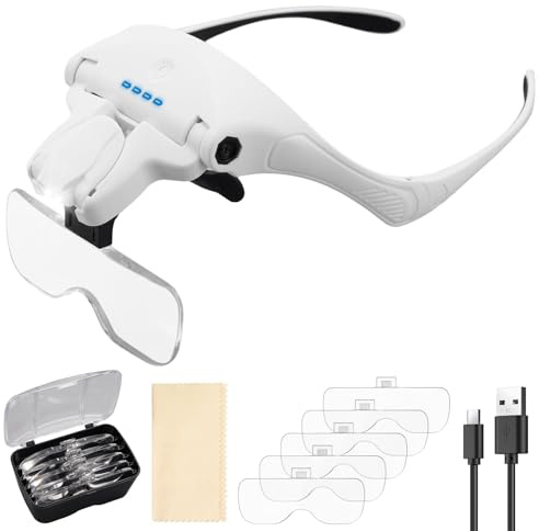 VINTEAM Gafas Lupa, Gafas de Aumento con 4 LED de Luz Lupa con Luz con 5 Lentes Desmontables 1X, 1.5X, 2X, 2.5X, 3.5X Gafas de Lupa con Luz para Lectura, Joyería, Artesanía, Reparación, Coser