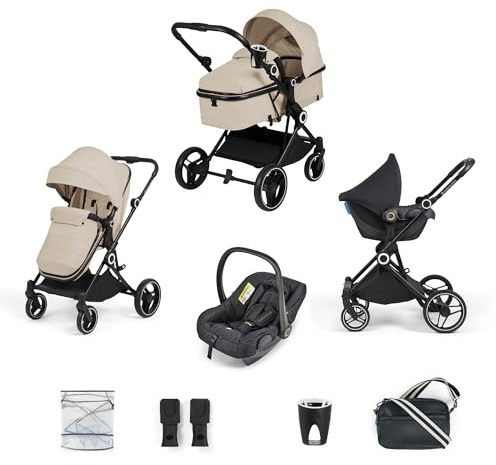 Ickle Bubba Atom 3 in 1 Travel System with Astral Car Seat, Compact Lightweight Pram & Pushchair from Birth to 22kg, Lie-Flat Seat, Rain Cover, Changing Bag & Cup Holder, Stone
