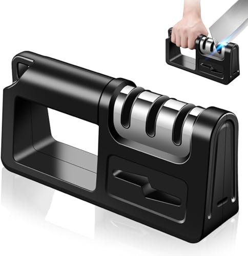 Knife Sharpener, Durable Tungsten Steel, Easy-to-Use with Ergonomic Handle, Non-Slip Base & Hanging Storage