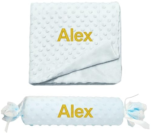 Various Manta y Cojin Personalizado para bebé Recien Nacido, Personalizado con su Nombre Bordado. (Azul)